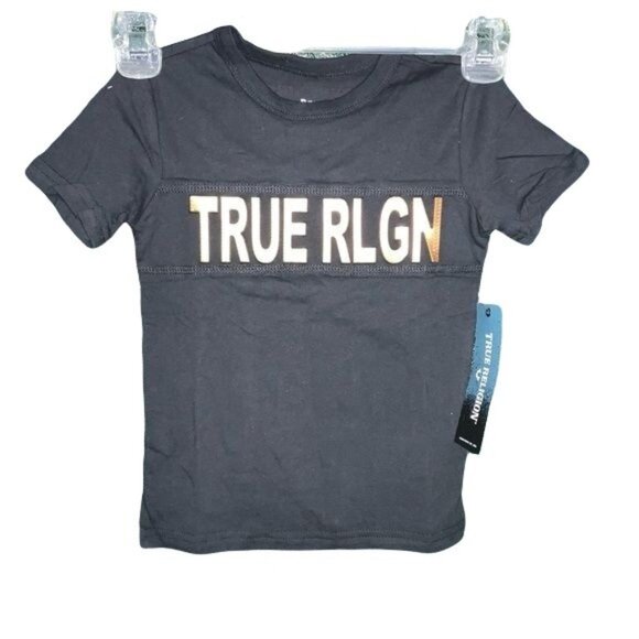 True Religion Toddler Boys Black T-Shirt With Gold Metallic Logo - Picture 1 of 4